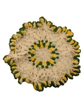 Hand Crocheted Doily Round White Green Yellow Grannycore Vintage 9 inch